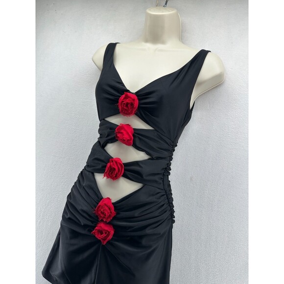 Delfi Collective Shay Short Dress Size XS Black Mini Cutout Red Rose Rosette NWT - Picture 5 of 11